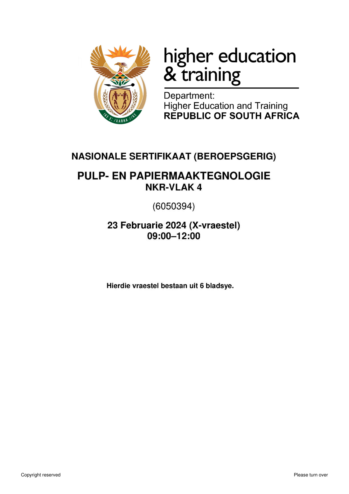 Pulp and Papermaking Technology Level 4 DHET NCV 2024 - Question Paper