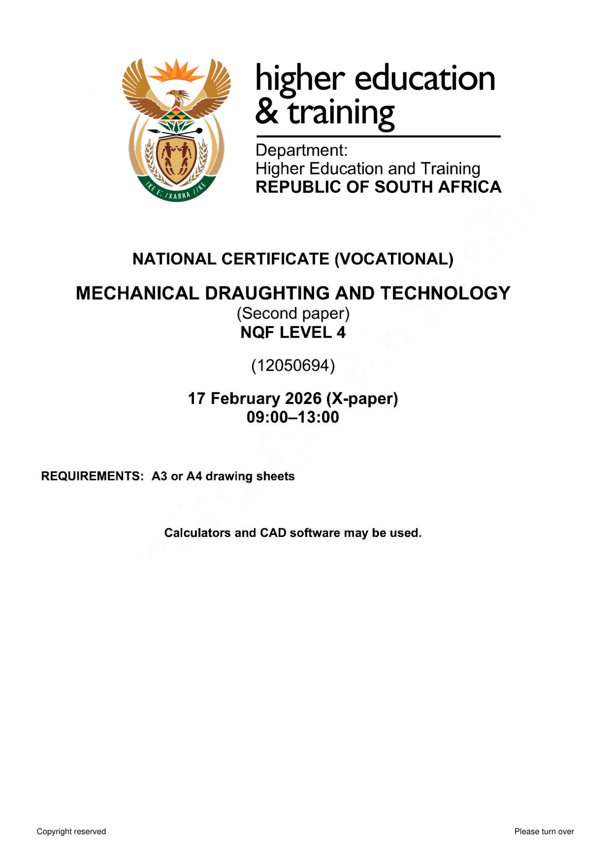 Mechanical Draughting and Technology Level 4 DHET NCV February 2026 Paper 2 - Question Paper