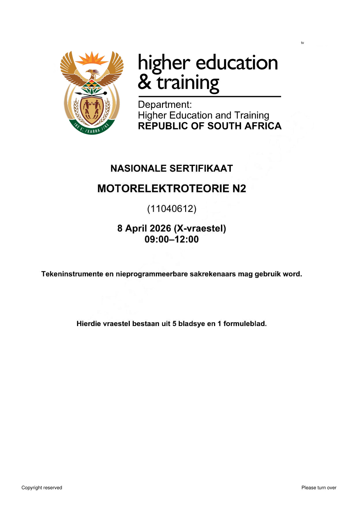 Motor Electrical Theory N2 DHET NATED April 2026 Paper X - Question Paper