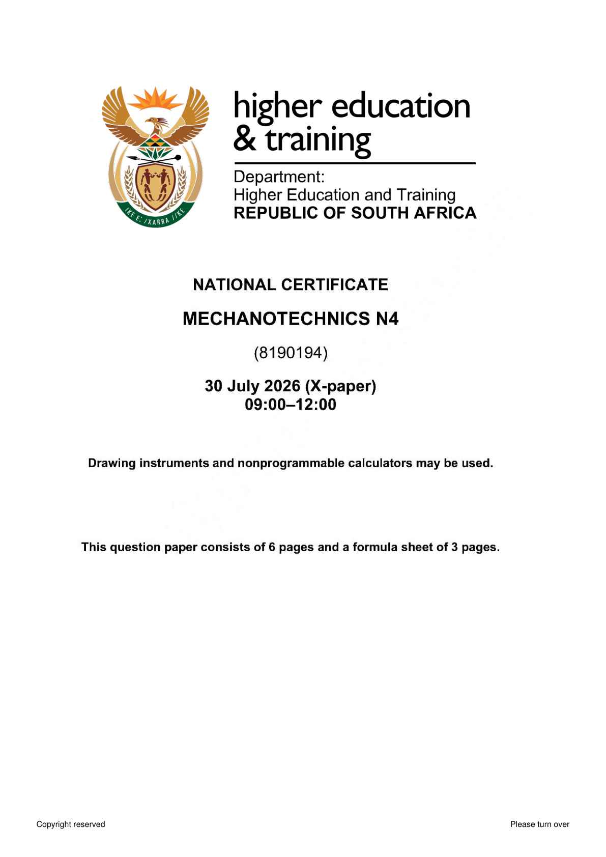 Mechanotechnics N4 DHET NATED August 2026 Paper X - Question Paper
