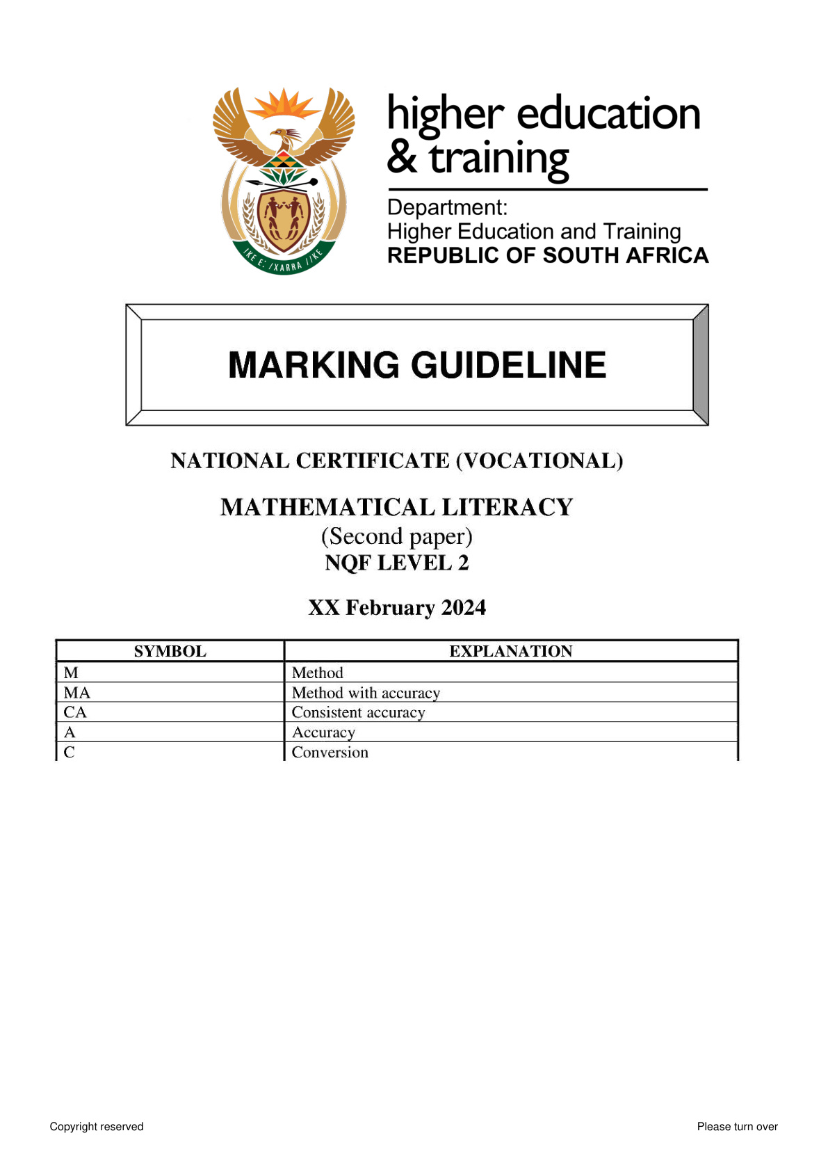 Mathematical Literacy Level 2 DHET NCV 2024 Paper 2 - Memo