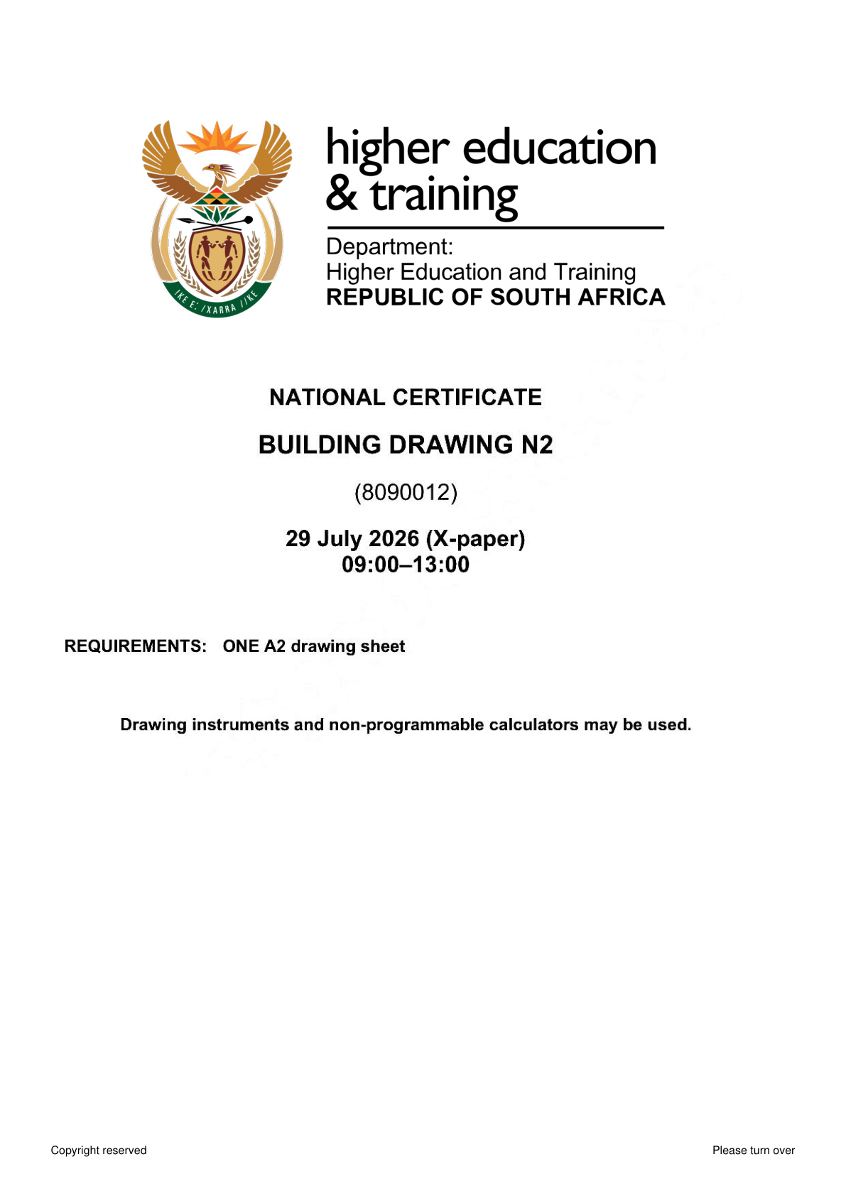 Building Drawing N2 DHET NATED August 2026 Paper X - Question Paper