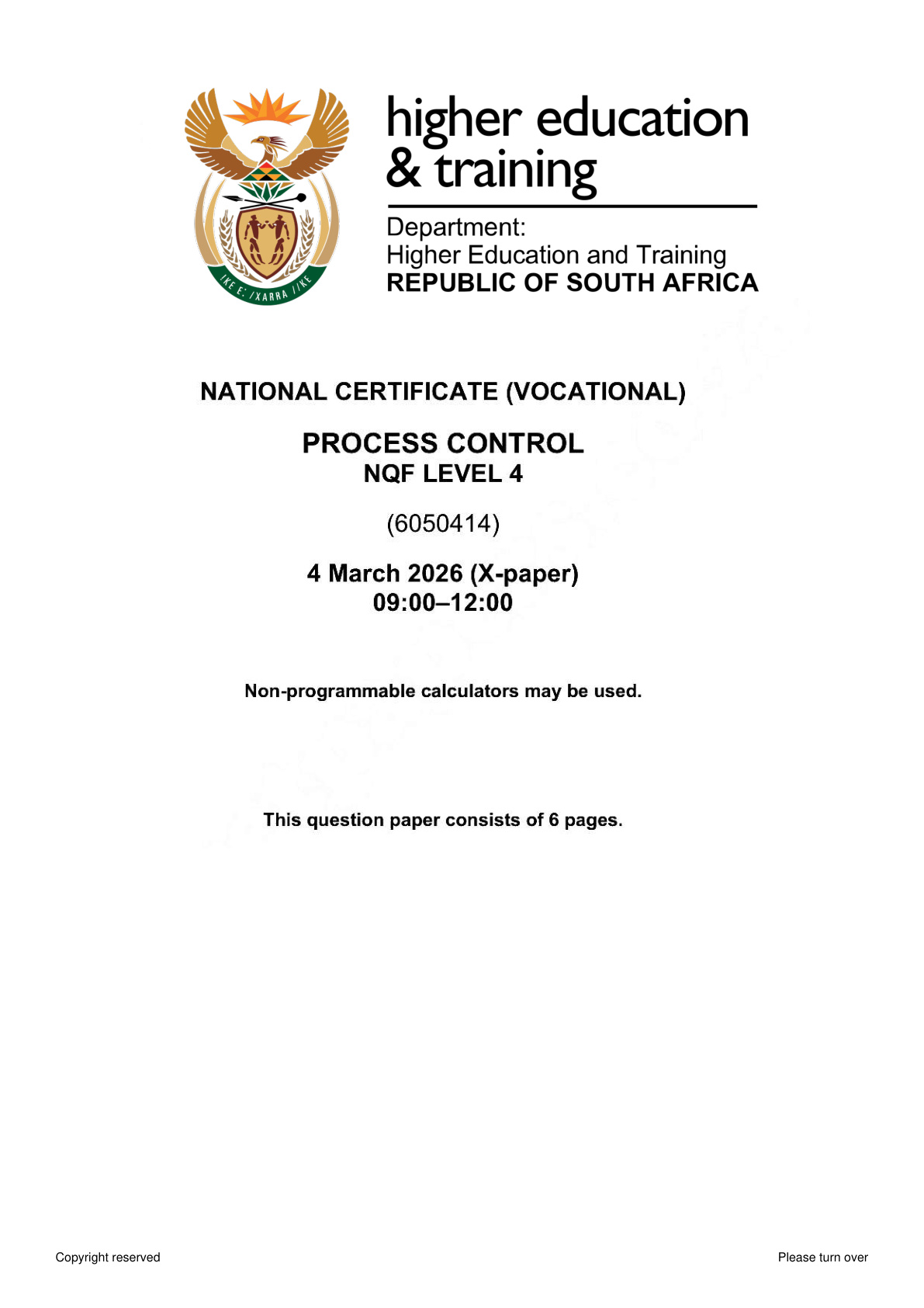 Process Control Level 4 DHET NCV 2026 - Question Paper