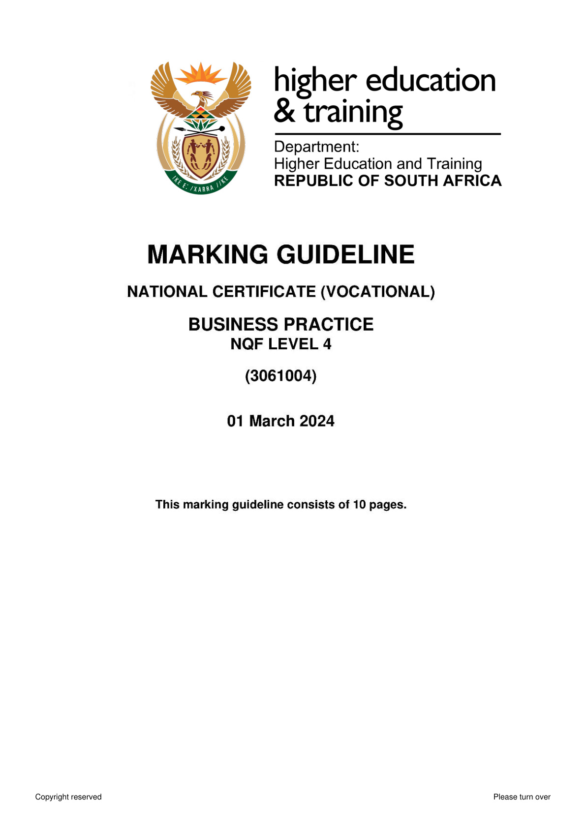 Business Practice Level 4 DHET NCV 2024 - Memo