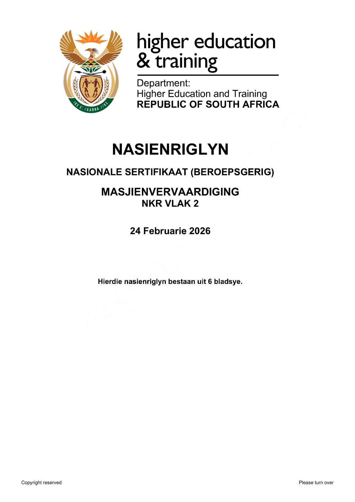 Machine Manufacturing Level 3 DHET NCV February 2026 - Memo