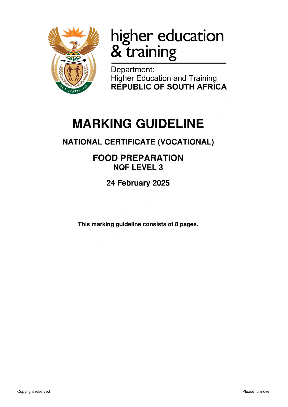 Food Preparation Level 3 DHET NCV February 2025 - Memo