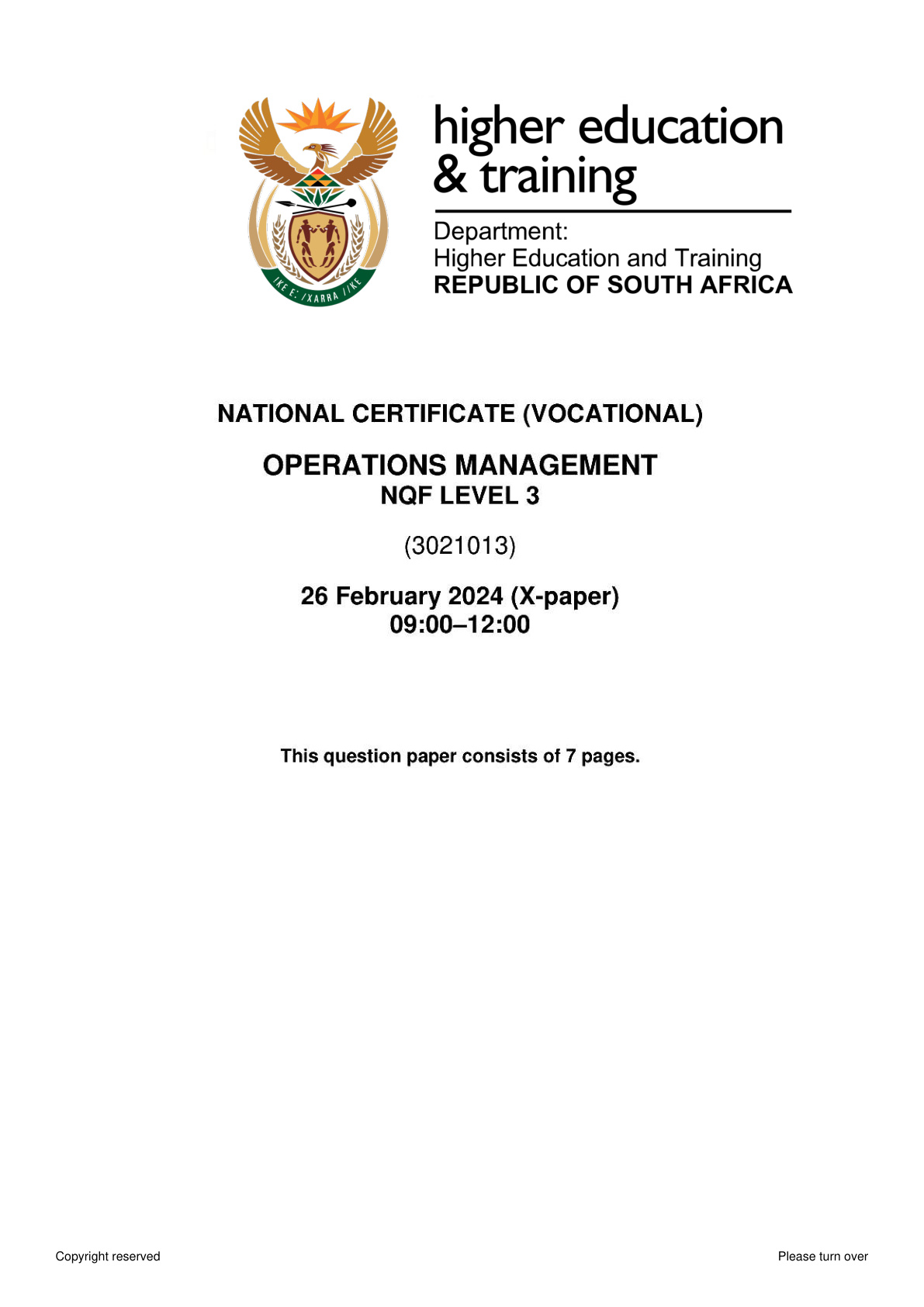 Operations Management Level 3 DHET NCV 2024 - Question Paper