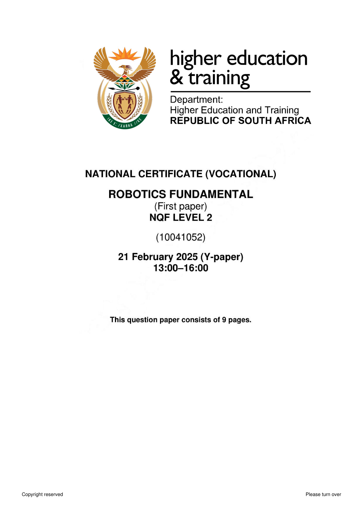 Robotics Fundamentals Level 2 DHET NCV February 2025 Paper 1 - Question Paper