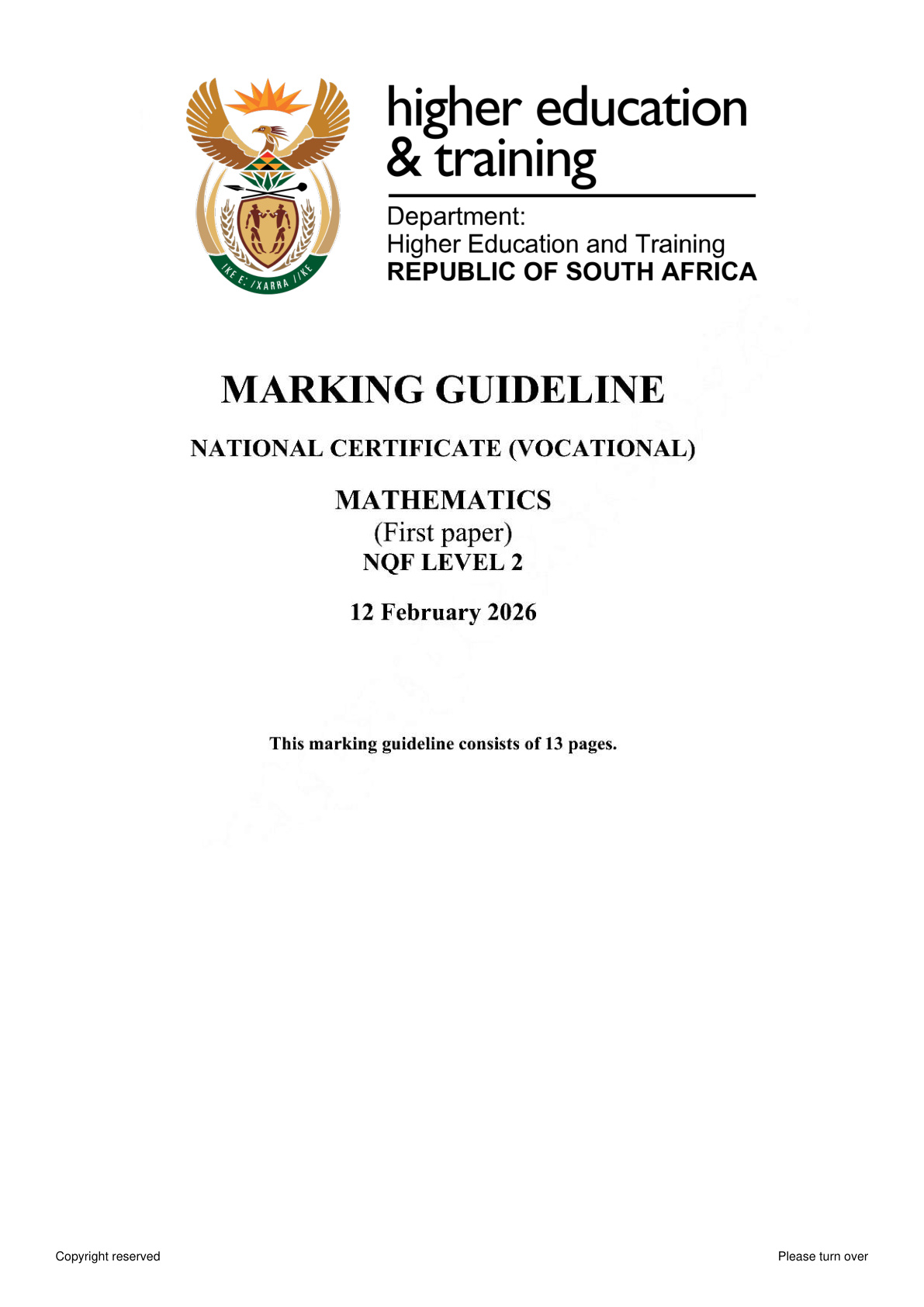 Mathematics Level 2 DHET NCV 2026 Paper 1 - Memo