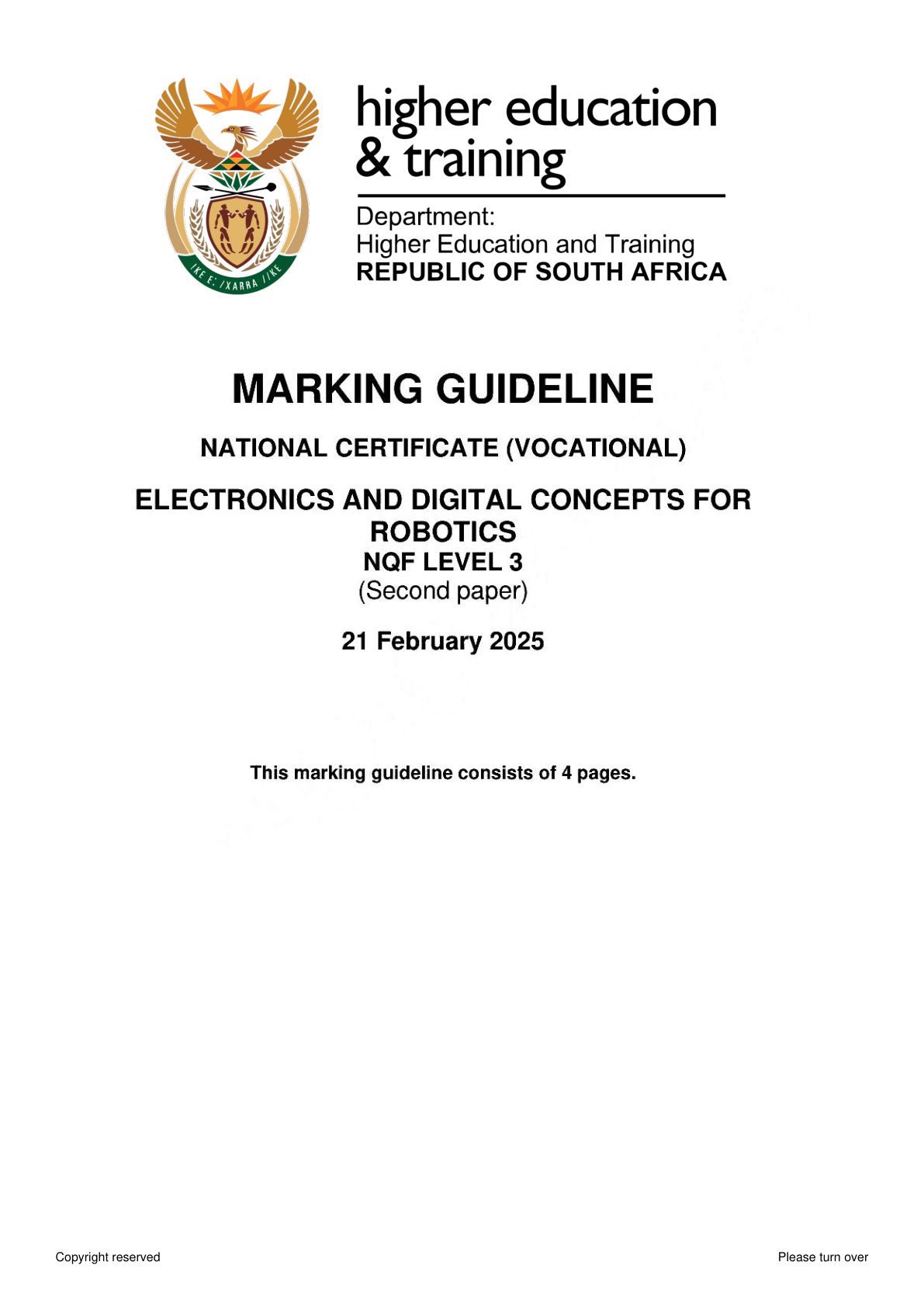 Electronics and Digital Concepts for Robotics Level 3 DHET NCV February 2025 Paper 2 - Memo