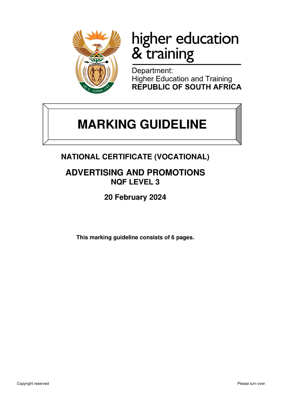 Advertising and Promotions Level 3 DHET NCV 2024 - Memo