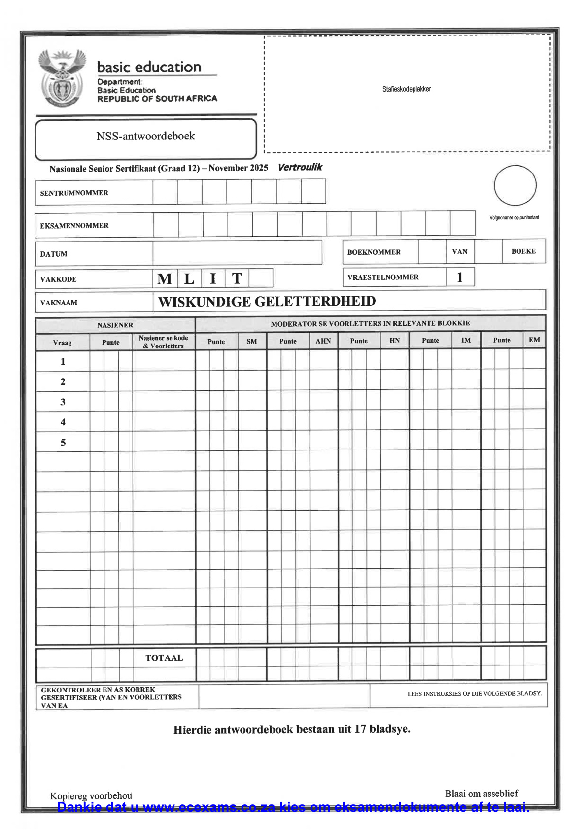Mathematical Literacy Grade 12 DBE NSC November 2025 Paper 1 - Answer Book (Eastern Cape)