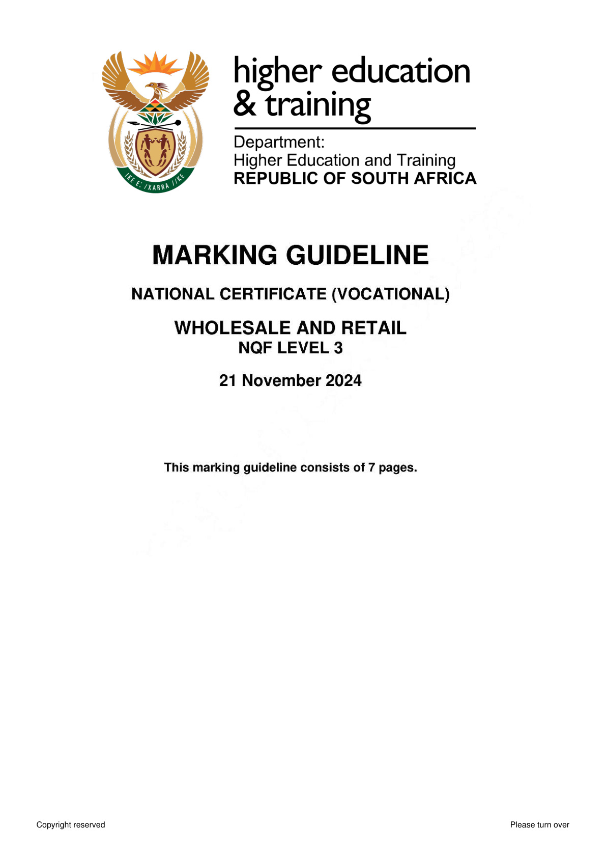 Wholesale and Retail Level 3 DHET NCV November 2024 - Memo