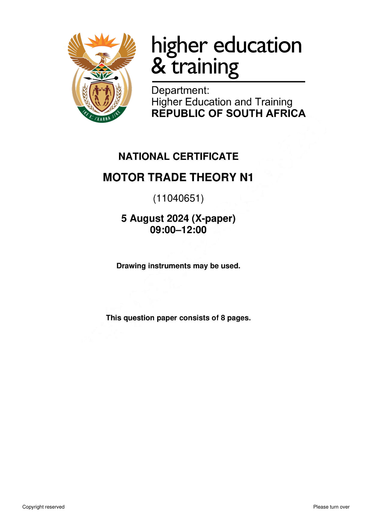 Motor Trade Theory N1 Dhet Nated August 2024 Paper 10 - Question Paper