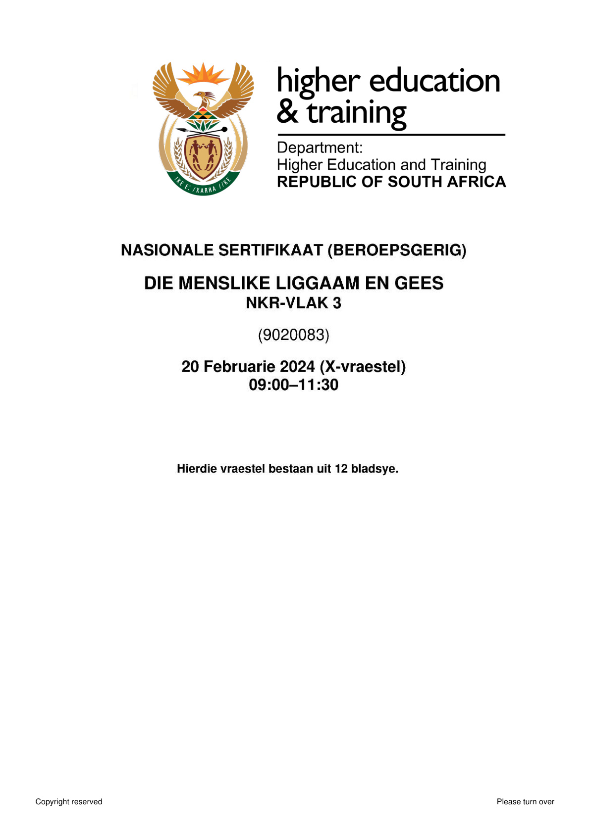 The Human Body and Mind Level 3 DHET NCV 2024 - Question Paper