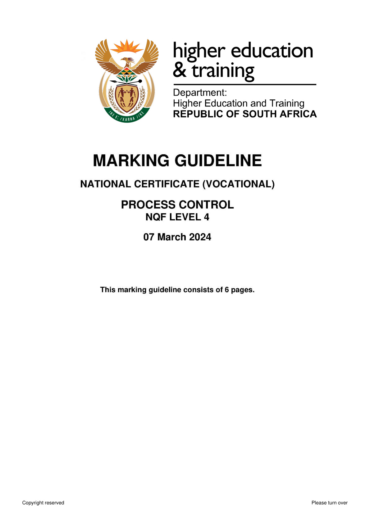 Process Control Level 4 DHET NCV February 2024 - Memo