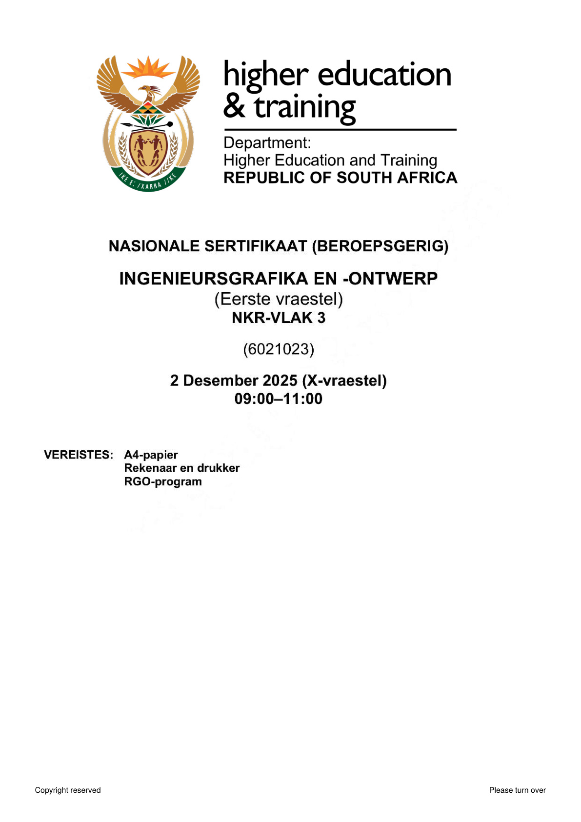 Engineering Graphics and Design Level 3 DHET NCV November 2025 Paper 1 - Question Paper