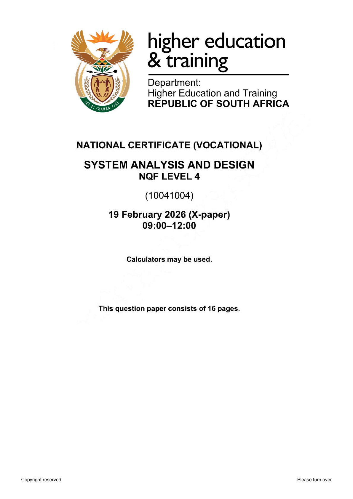 Systems Analysis and Design Level 4 DHET NCV 2026 - Question Paper