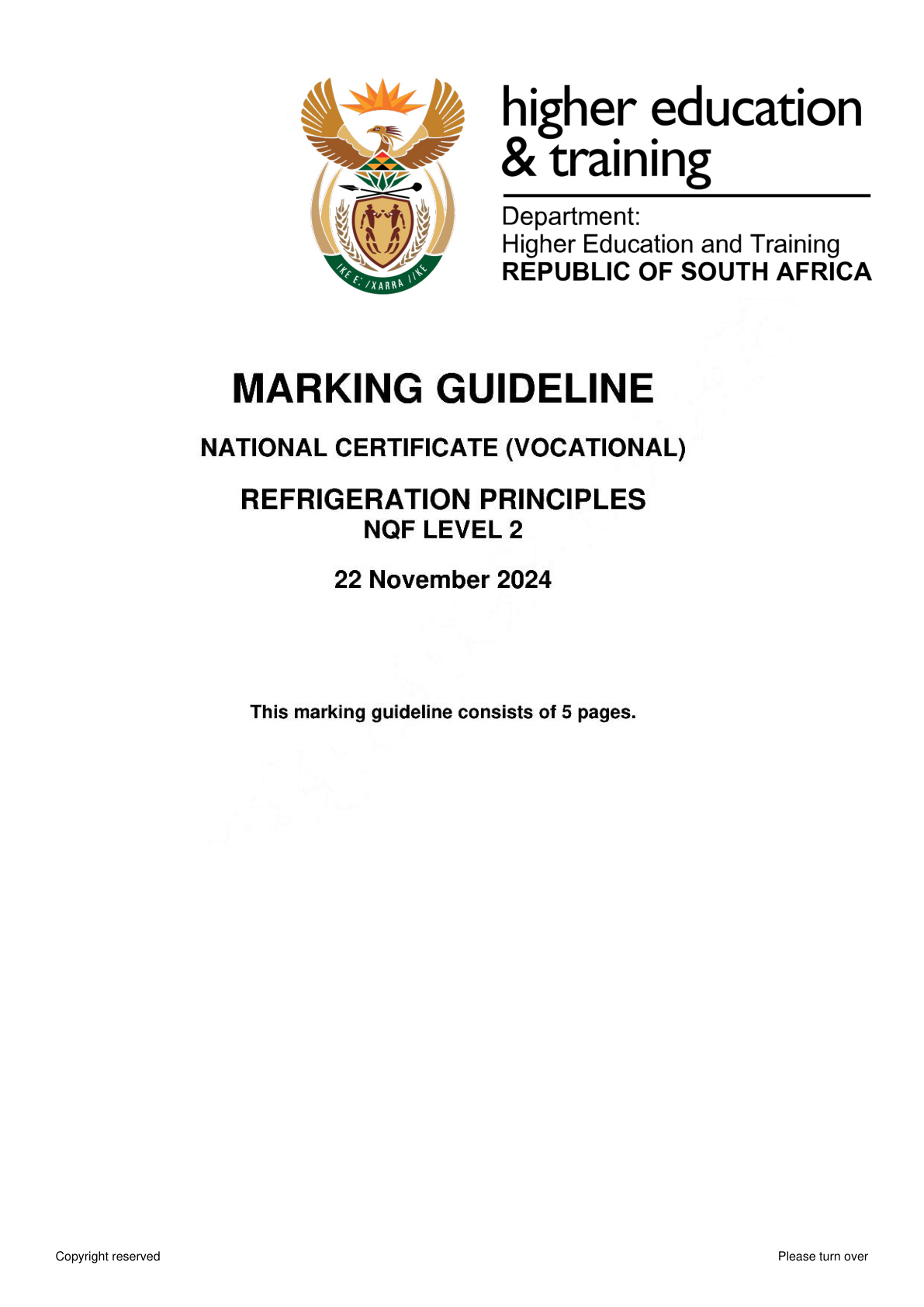 Refrigeration Principles Level 2 DHET NCV November 2024 - Memo