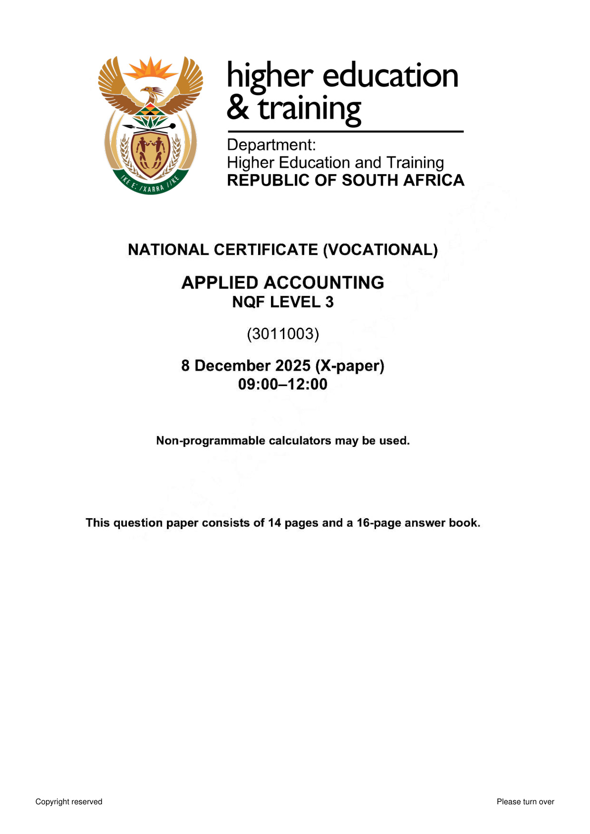 Applied Accounting Level 3 DHET NCV November 2025 - Question Paper
