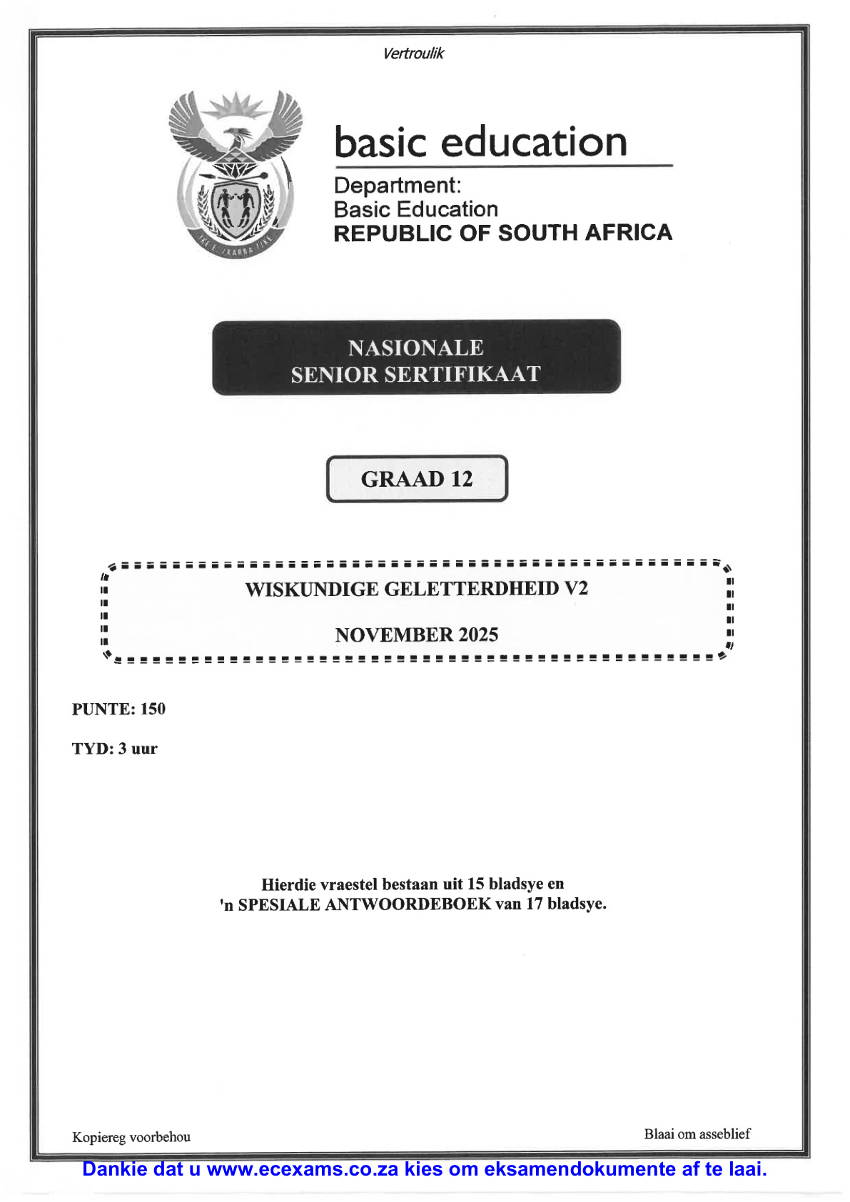 Mathematical Literacy Grade 12 DBE NSC November 2025 Paper 2 - Question Paper (Eastern Cape)