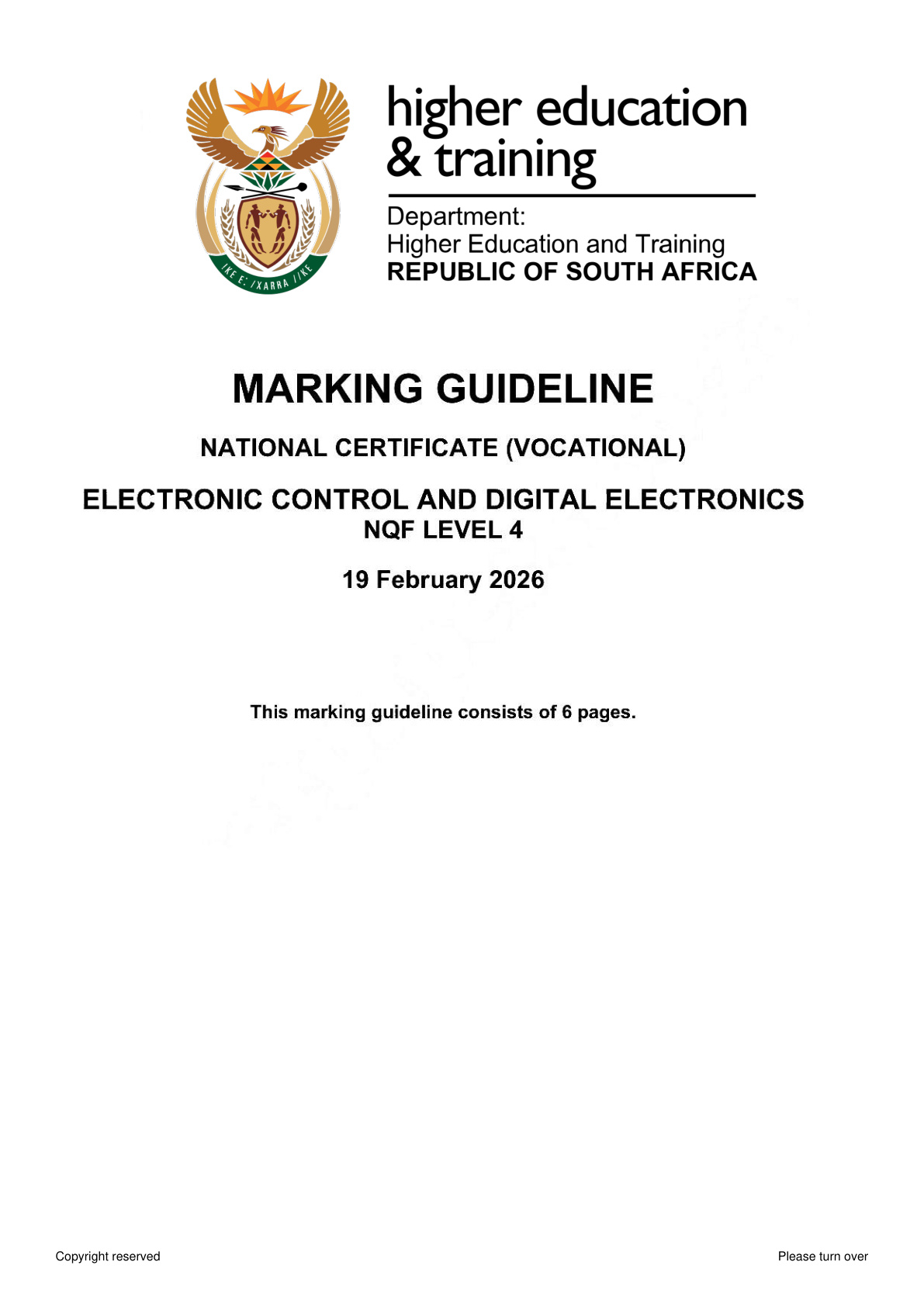 Electronic Control and Digital Electronics Level 4 DHET NCV 2026 - Memo