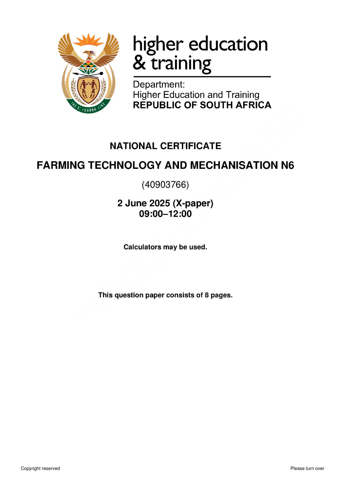 Farming Technology and Mechanisation N6 DHET NATED June 2025 Paper X - Question Paper