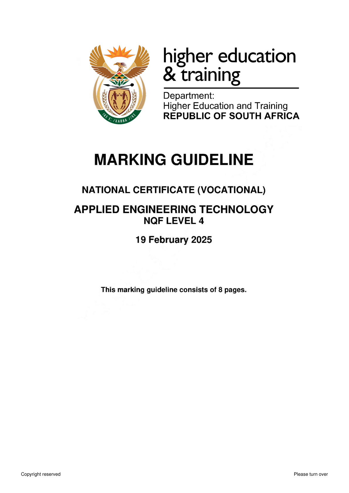 Applied Engineering Technology Level 4 DHET NCV February 2025 - Memo