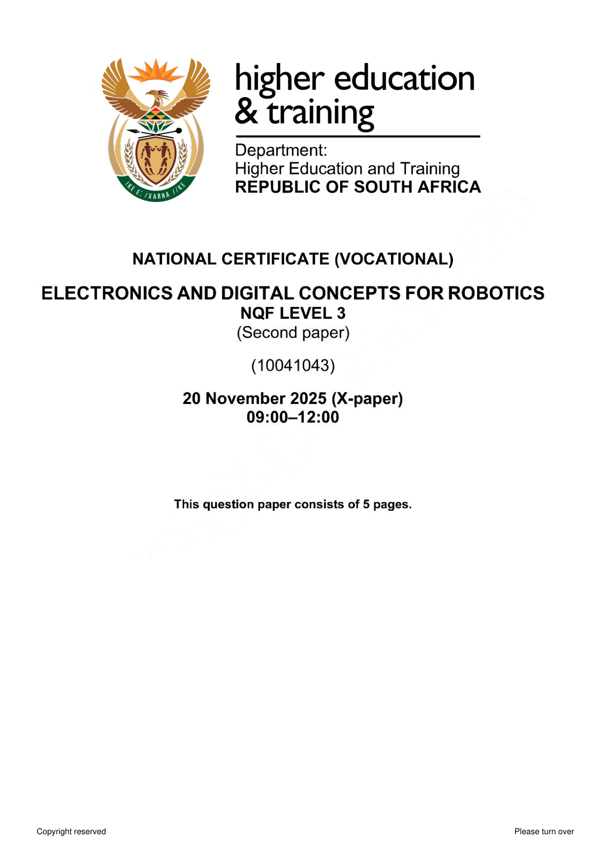 Electronics and Digital Concepts for Robotics Level 3 DHET NCV November 2025 Paper 2 - Question Paper