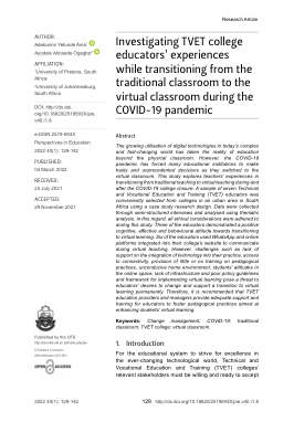 Investigating Tvet College Educators’ Experiences While Transitioning From The Traditional Classroom To The Virtual Classroom During The Covid-19 Pandemic
