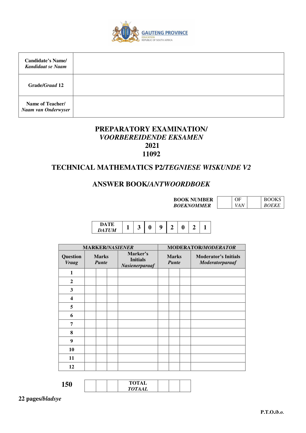 Technical Mathematics Paper 2 Answer Book (Gauteng) Preparatory 2021 Grade 12 DBE