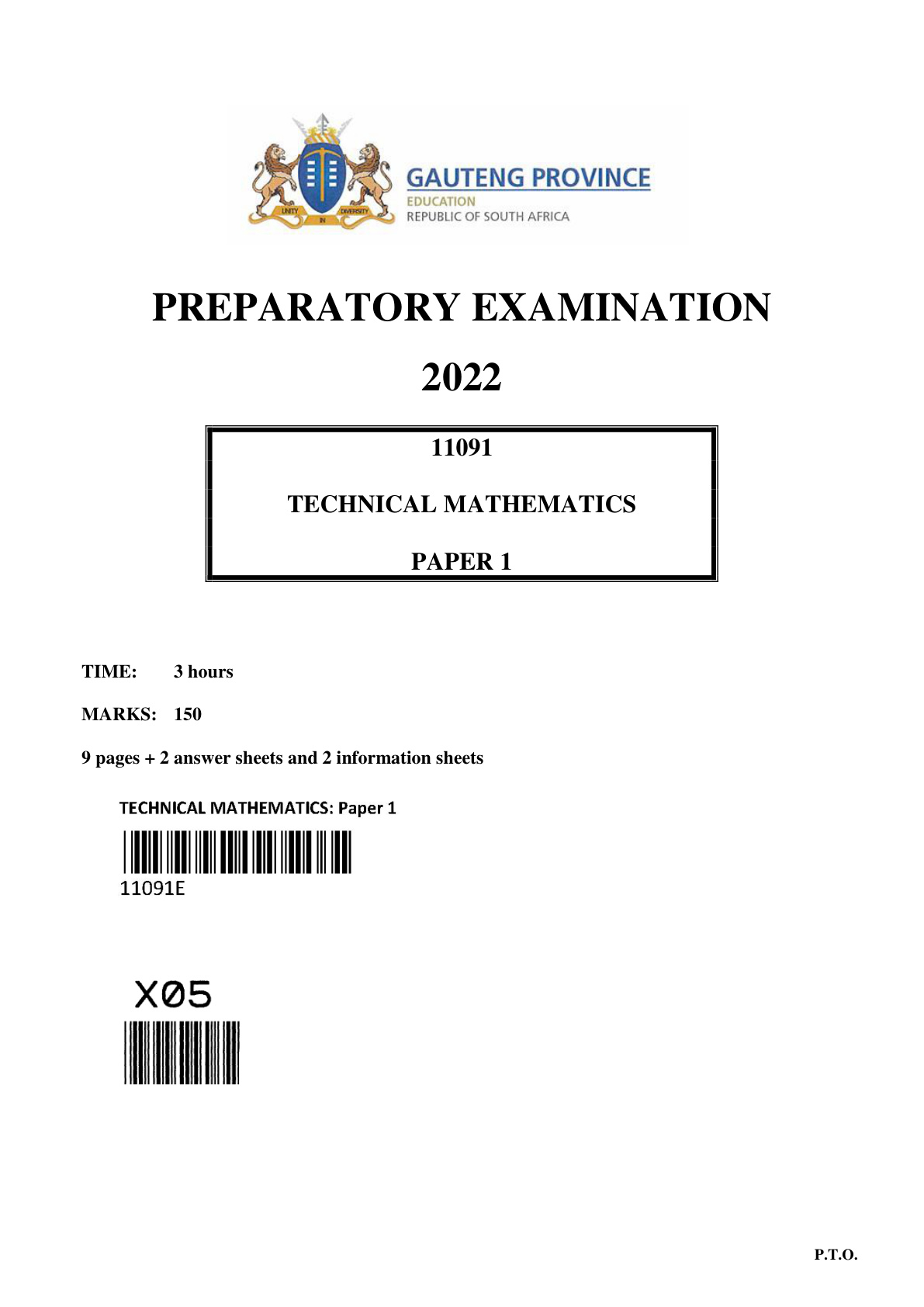 Technical Mathematics Paper 1 (Gauteng) Preparatory 2022 Grade 12 DBE