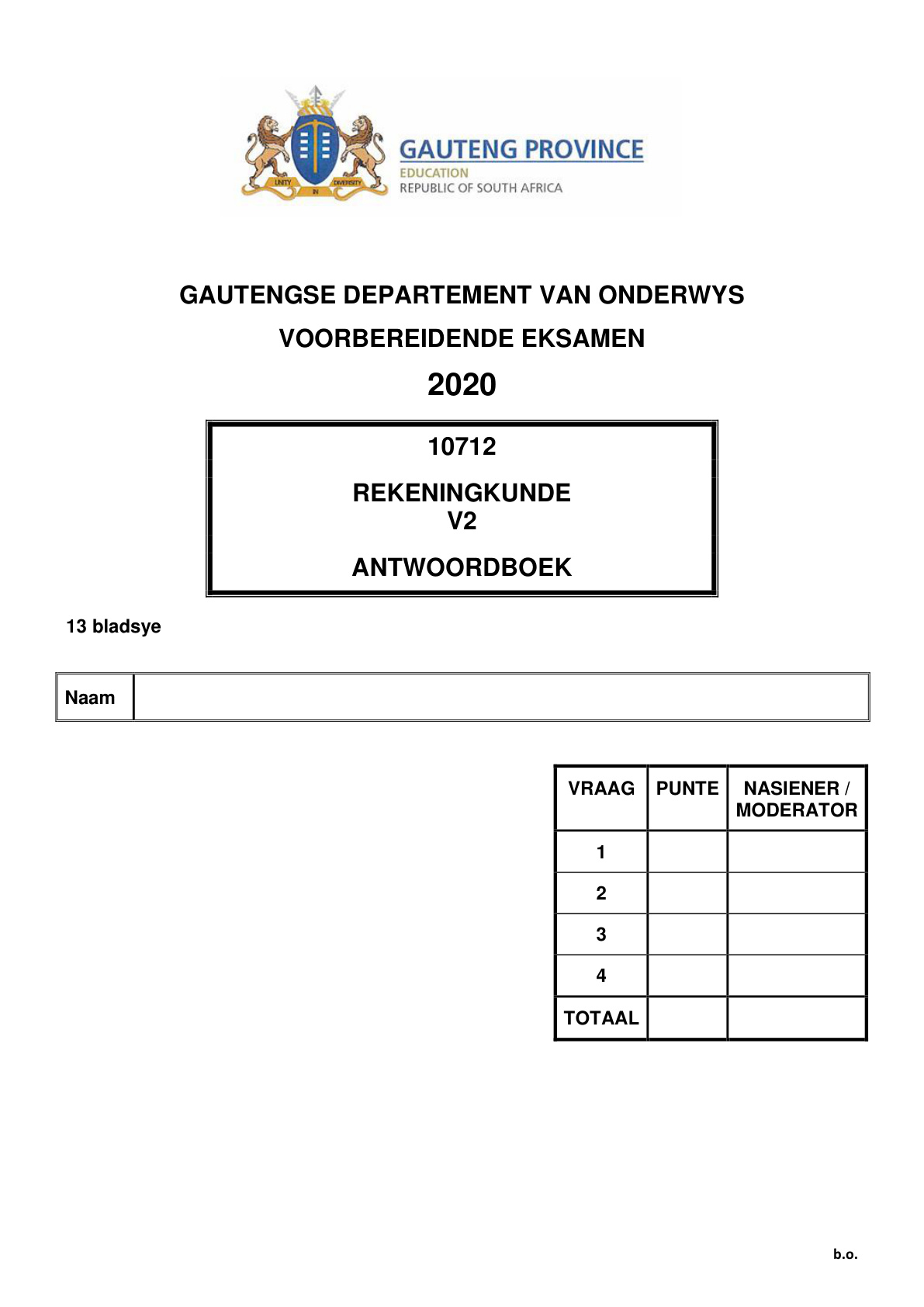 Accounting Paper 2 Answer Book (Gauteng) Preparatory 2020 Grade 12 DBE