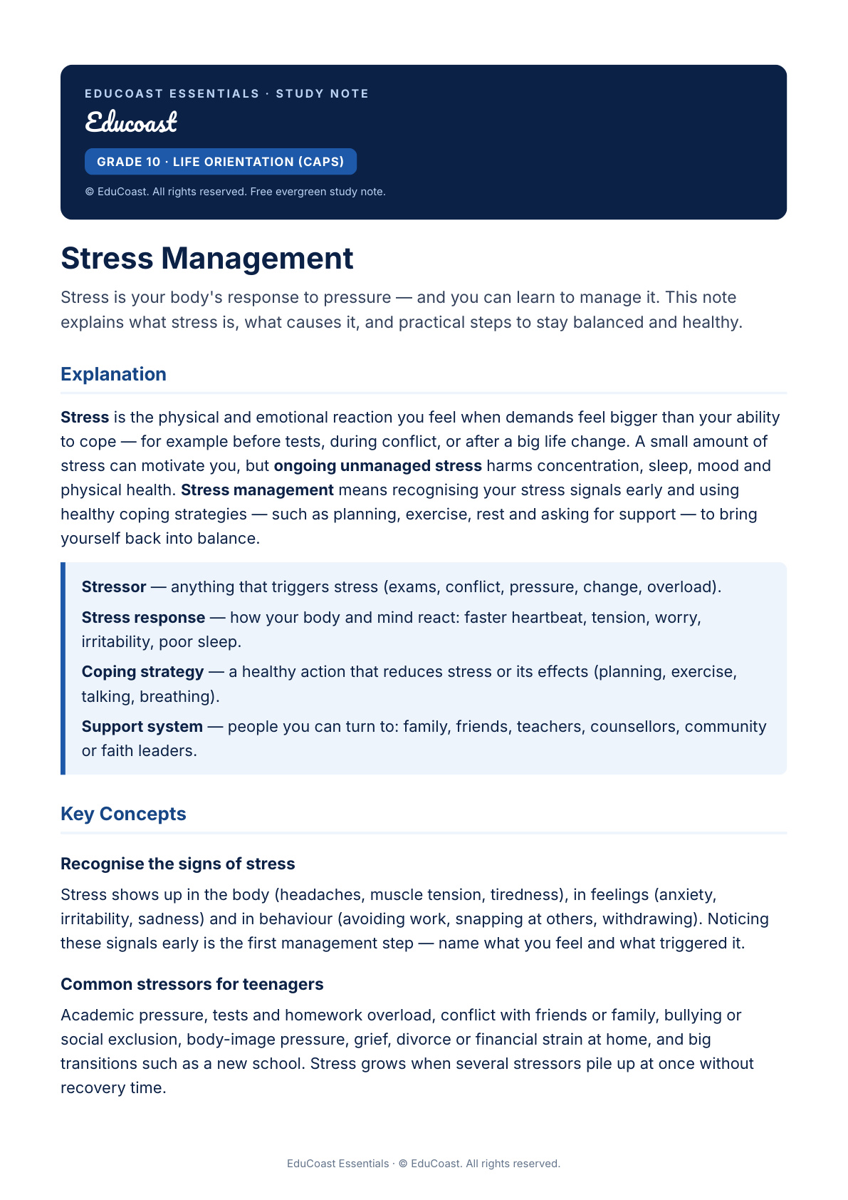 Stress Management — Grade 10 Life Orientation (CAPS)