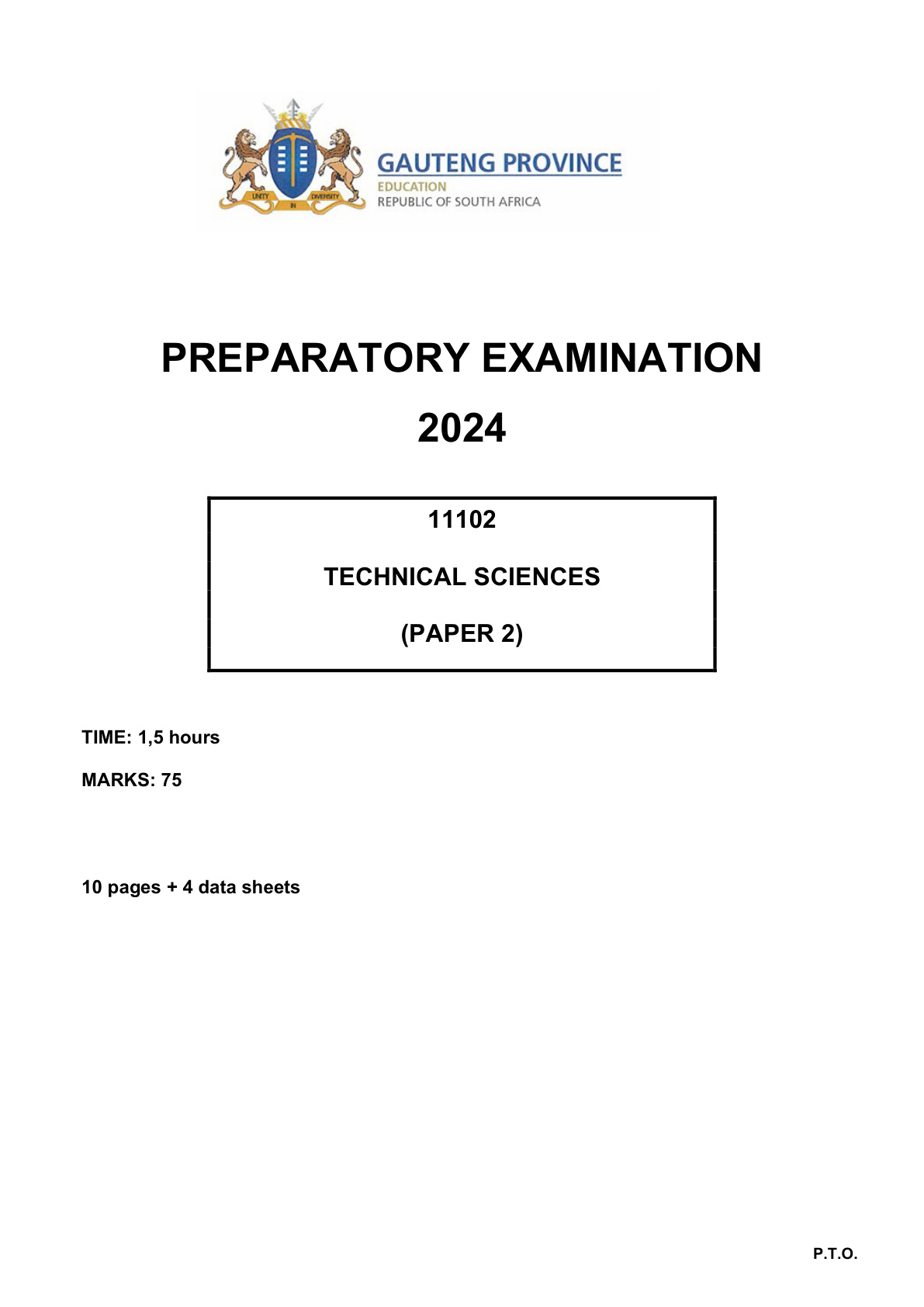 Technical Sciences Paper 2 (Gauteng) Preparatory 2024 Grade 12 DBE