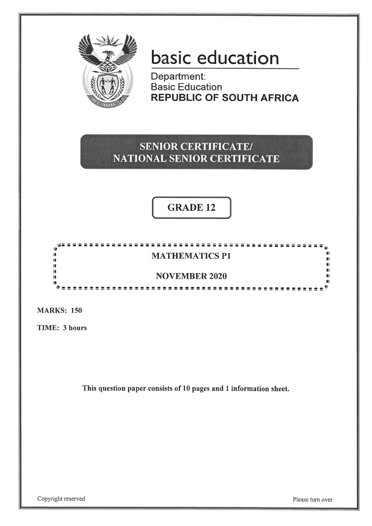 Mathematics Paper 1 (Gauteng) November 2020 Grade 12 DBE