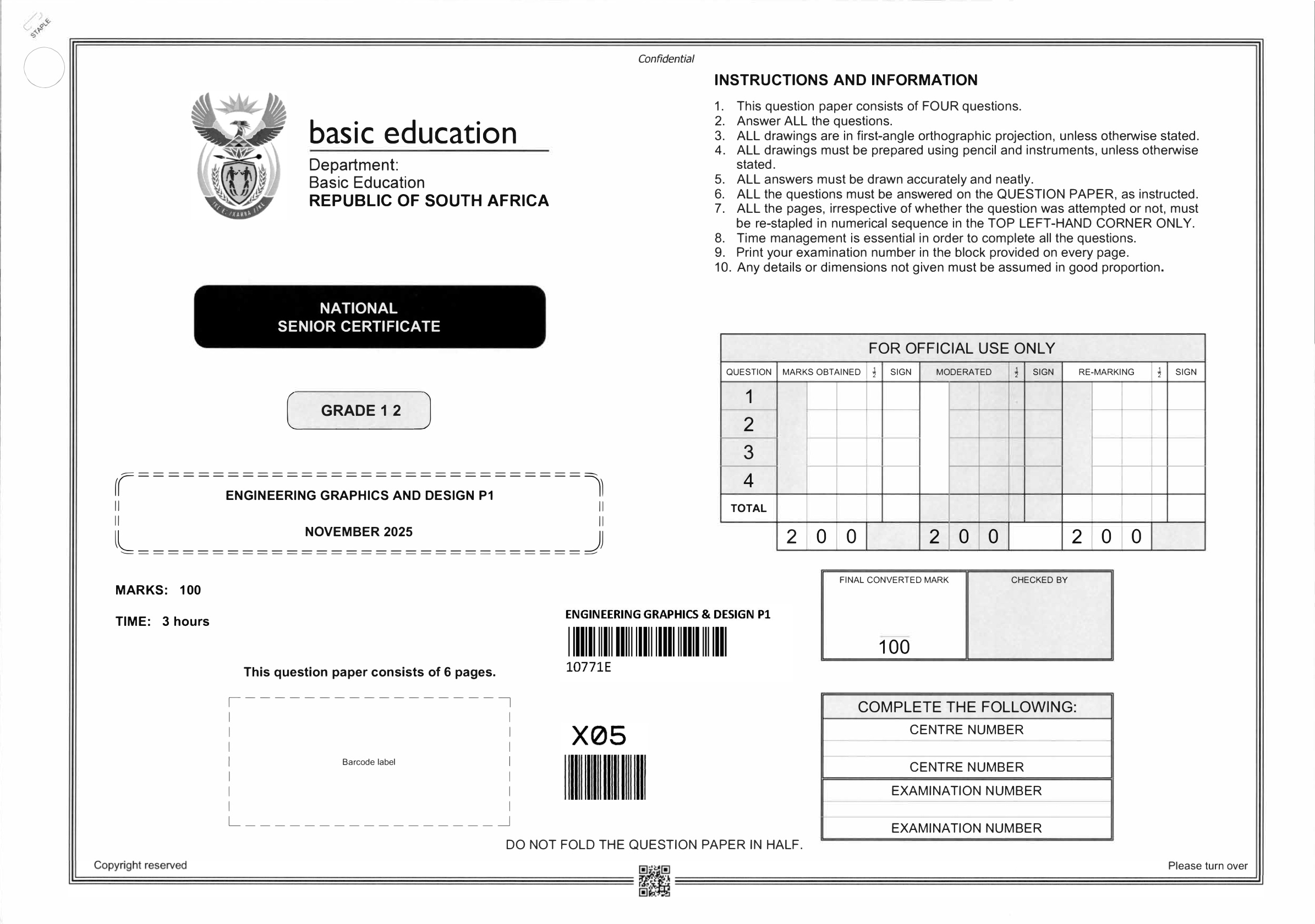 Engineering Graphics And Design Paper 1 (Gauteng) November 2025 Grade 12 DBE