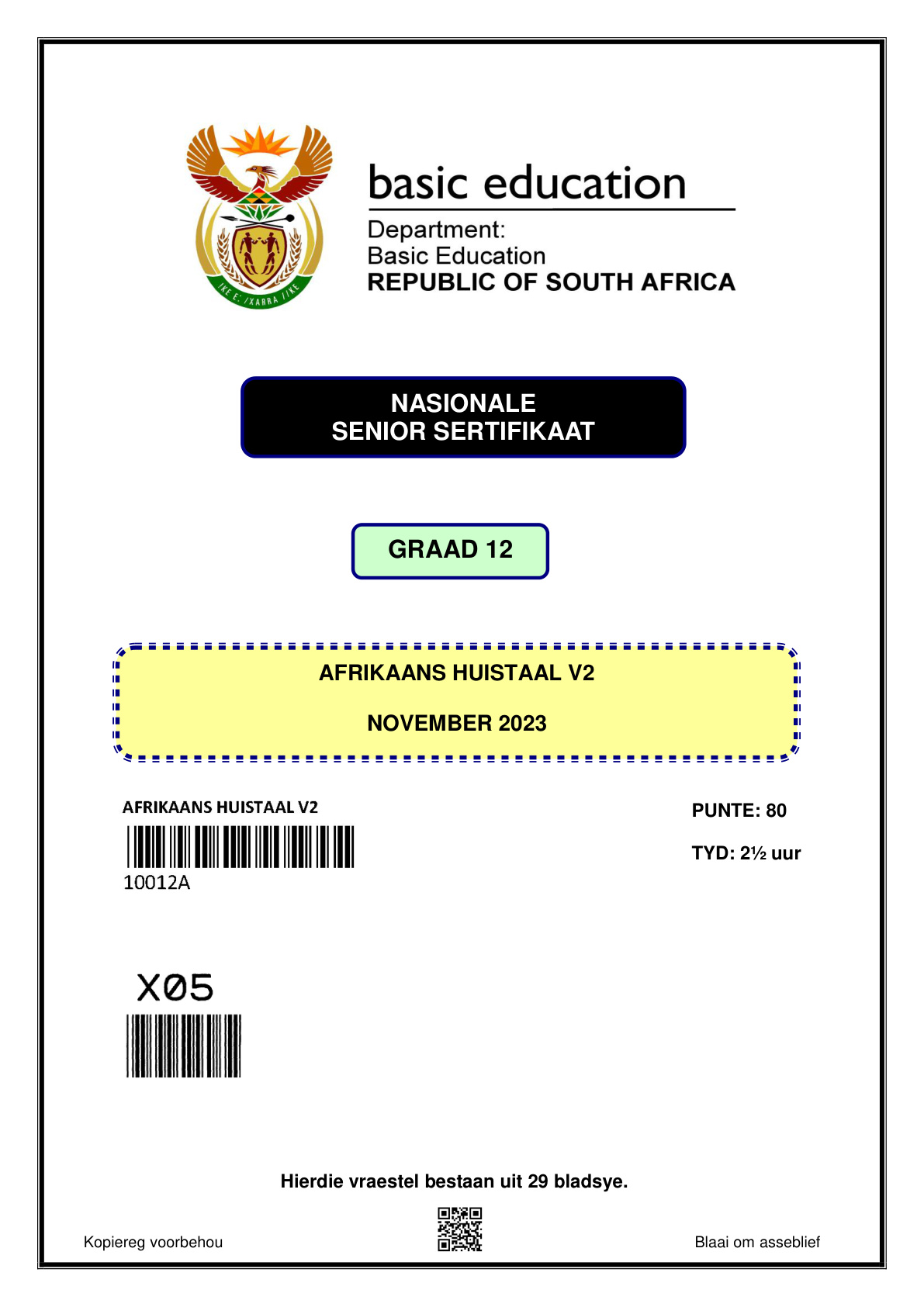 Afrikaans Home Language Paper 2 (Gauteng) November 2023 Grade 12 DBE