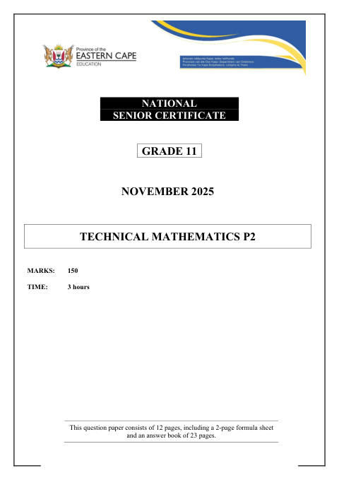 Mathematics Grade 11 DBE Caps November 2025 Paper 2 - Question Paper (Eastern Cape)