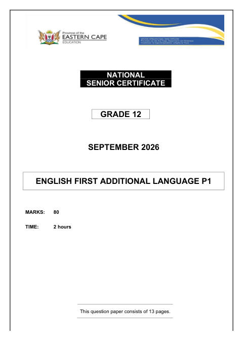 English First Additional Language Grade 12 DBE Caps September 2026 Paper 1 - Question Paper (Eastern Cape)
