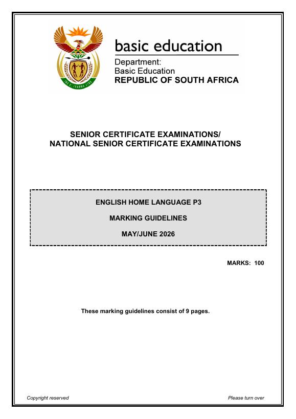 English Home Language Grade 12 DBE CAPS May 2026 Paper 3 - Memo