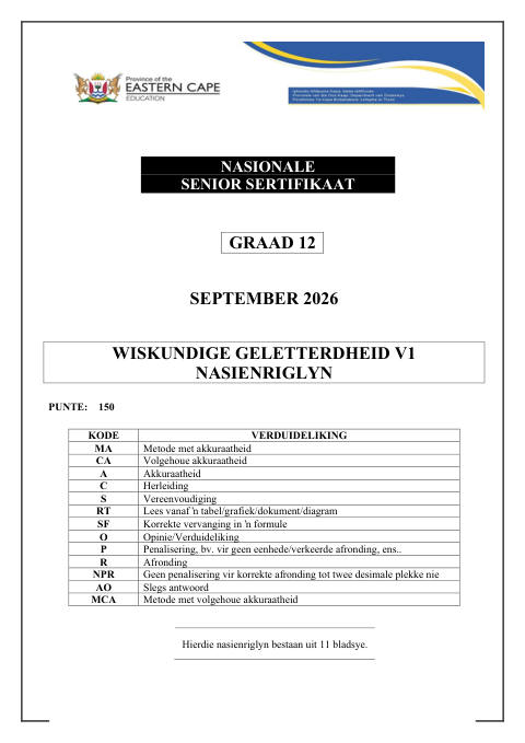 Mathematical Literacy Grade 12 DBE Caps September 2026 Paper 1 - Memo (Eastern Cape)