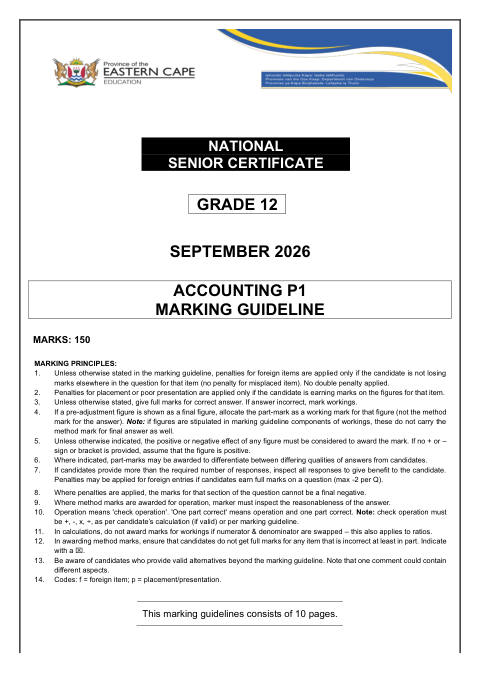 Accounting Grade 12 DBE Caps September 2026 Paper 1 - Memo (Eastern Cape)