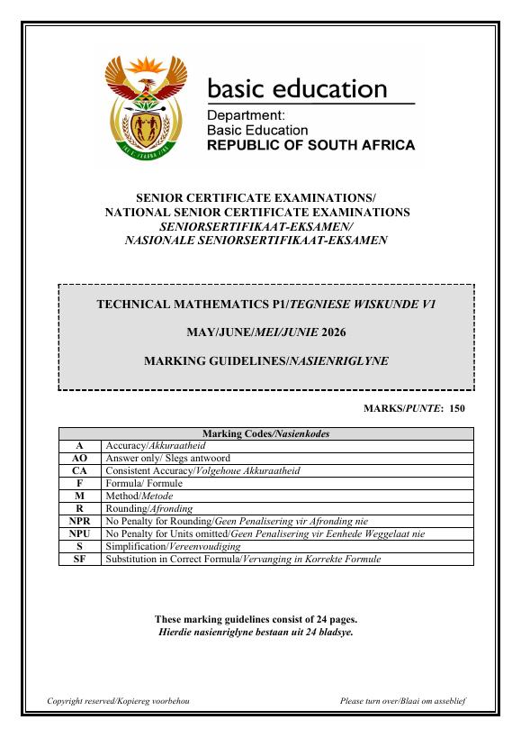 Technical Mathematics Grade 12 DBE Caps May 2026 Paper 1 - Memo