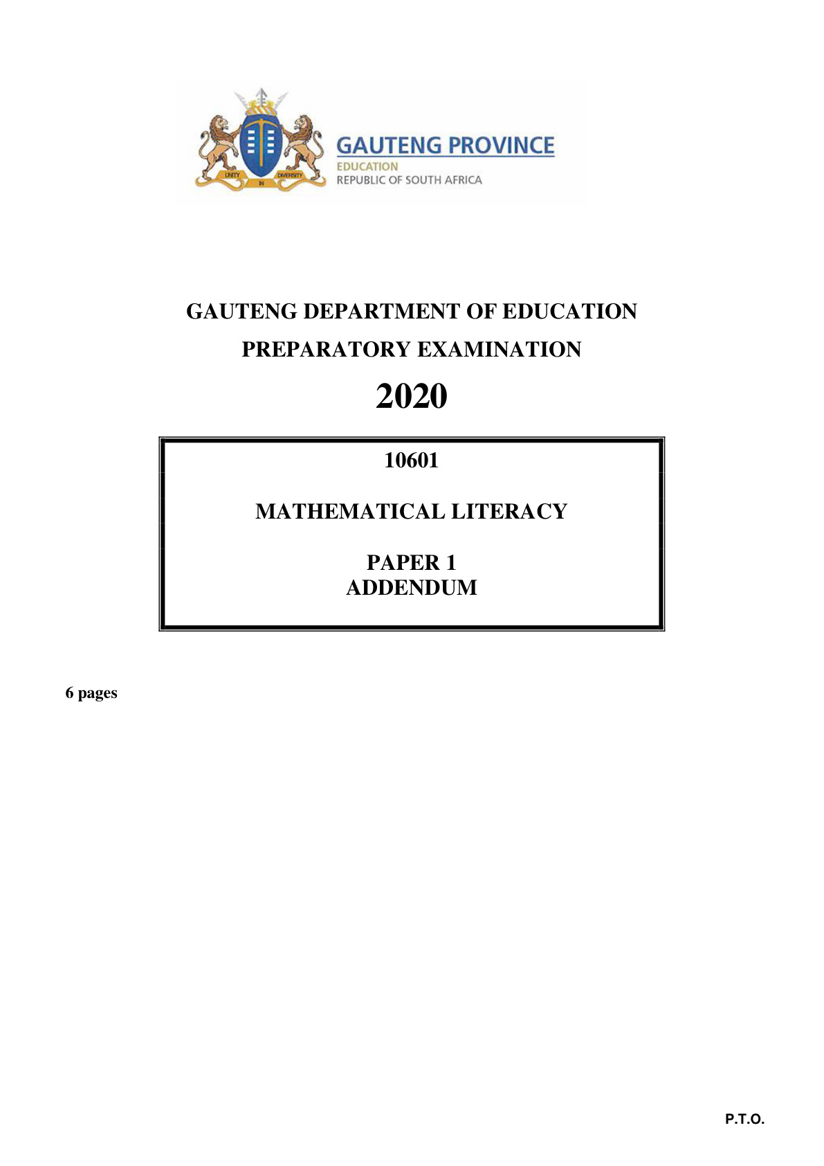 Mathematical Literacy Paper 1 Addendum (Gauteng) Preparatory 2020 Grade 12 DBE