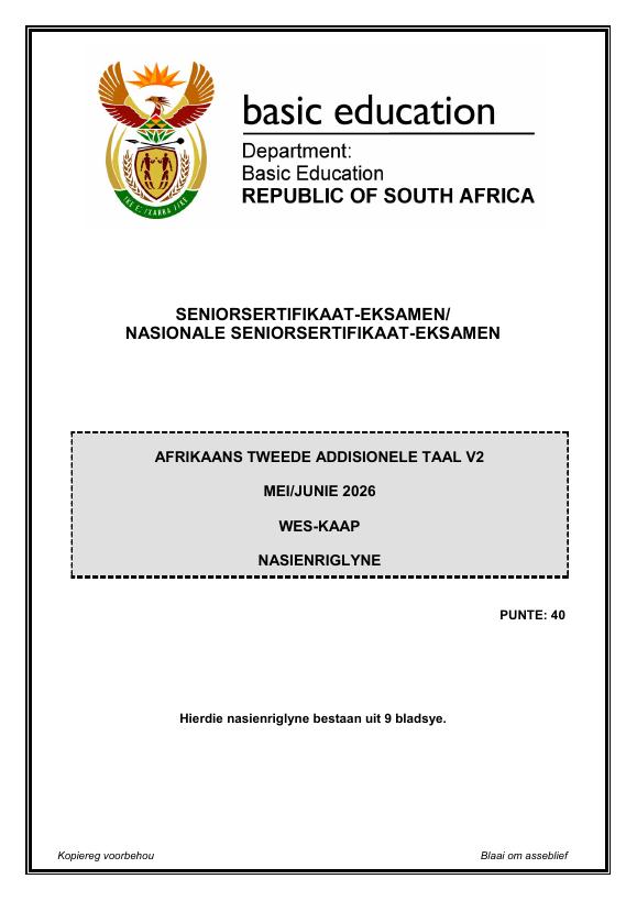 Afrikaans Second Additional Language Grade 12 DBE CAPS May 2026 Paper 2 - Memo (Western Cape)