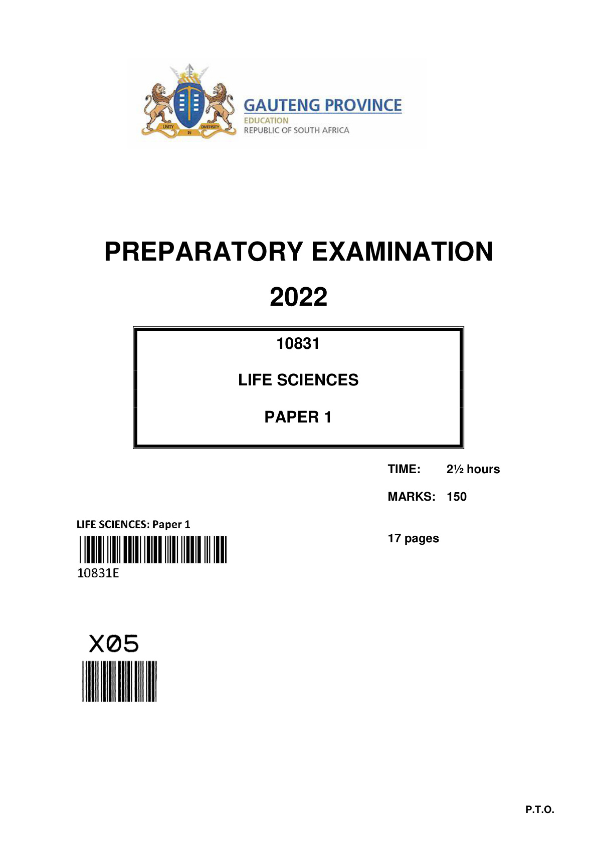 Life Sciences Paper 1 (Gauteng) Preparatory 2022 Grade 12 DBE