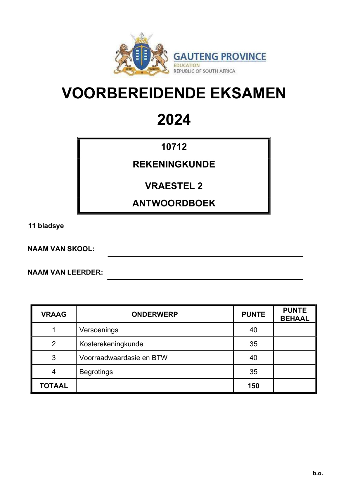 Accounting Paper 2 Answer Book (Gauteng) Preparatory 2024 Grade 12 DBE