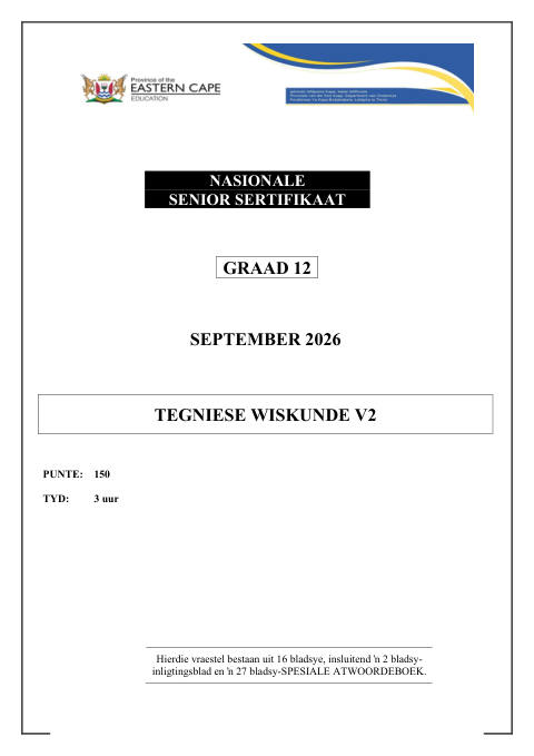 Mathematics Grade 12 DBE Caps September 2026 Paper 2 - Question Paper (Eastern Cape)