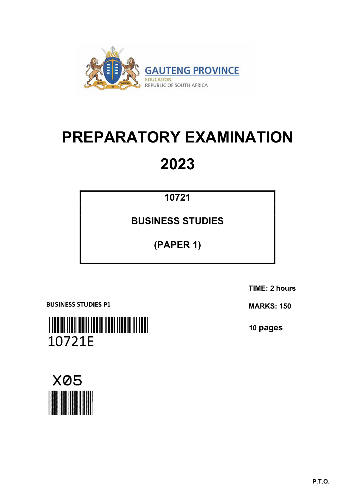 Business Studies Paper 1 (Gauteng) Preparatory 2023 Grade 12 DBE